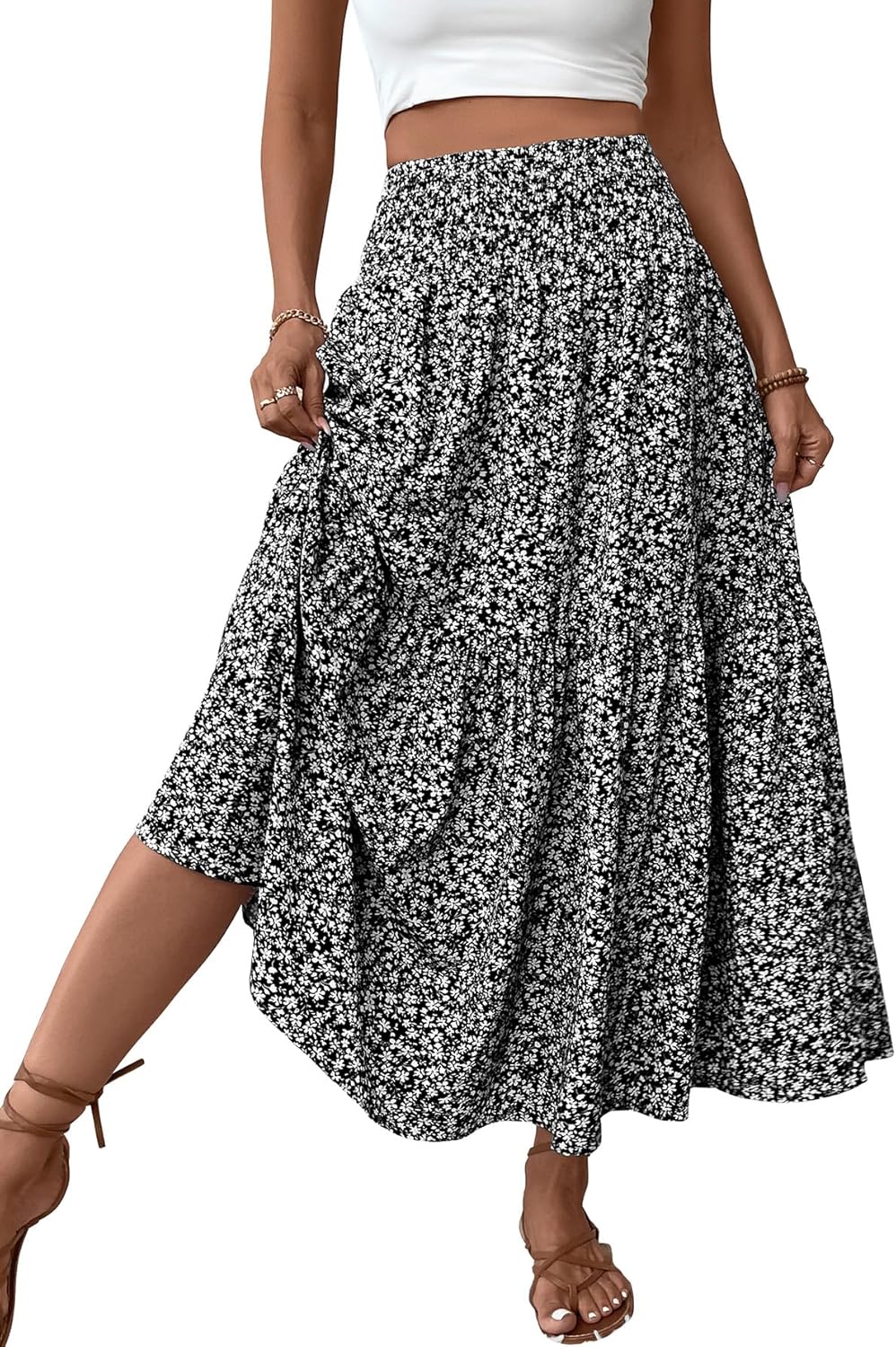 Women's Smocked High Waist Maxi Skirt Casual Boho Long Skirts with Pockets