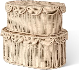 GRANNY SAYS Plastic Scalloped Basket with Lids, Woven Wicker Baskets for Organizing, Decorative Boxes with Scalloped Edge, Waterproof Wicker Box for Shelves, Bathroom, Living Room