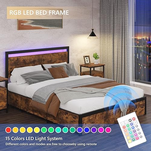 Miniatura 5 de Base de cama matrimonial con 4 cajones de almacenamiento y 2 mesitas de noche, marco de cama con cabecera LED y estación de carga, marco de cama de