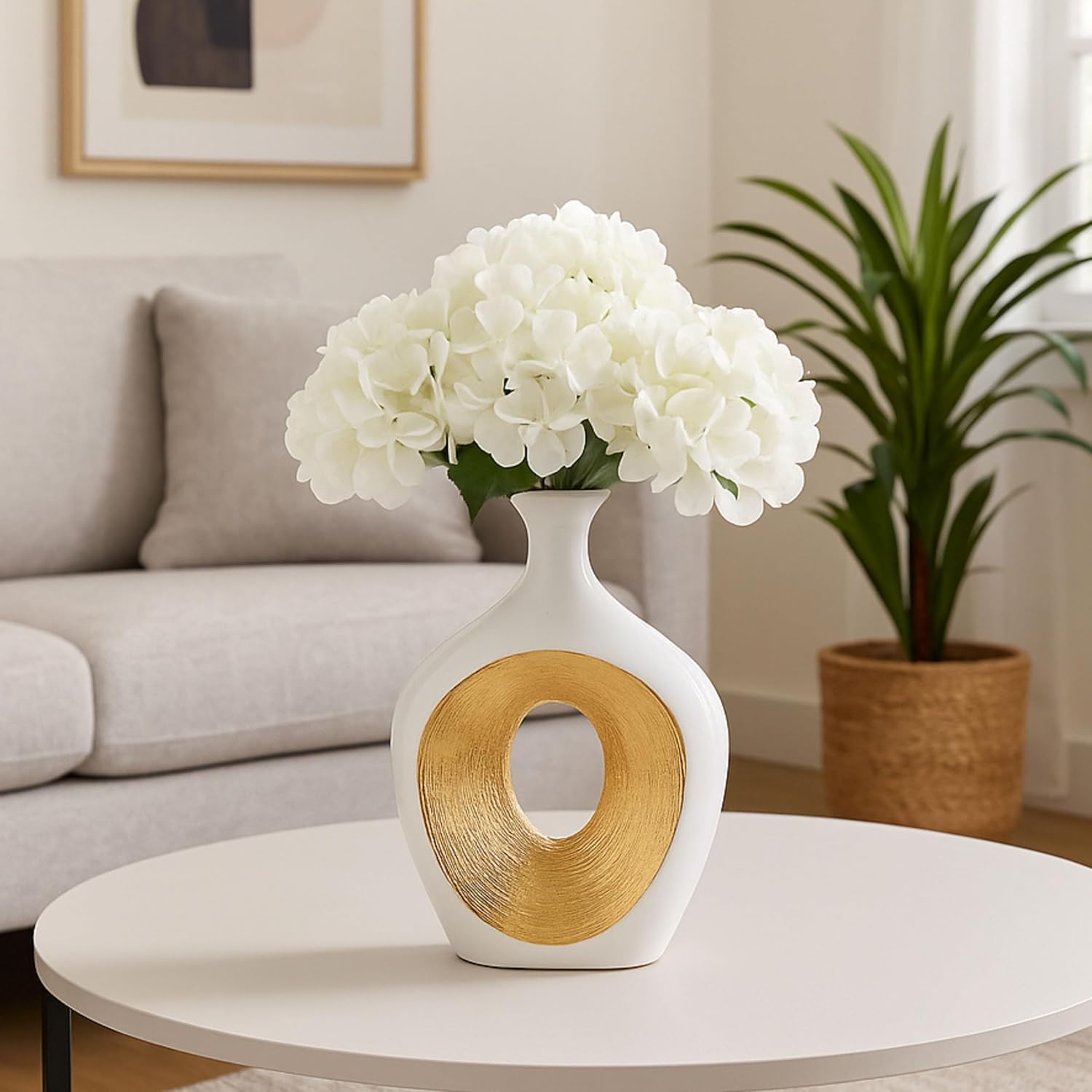 Ceramic Vase That Elevats Home Decor – Vase for Living Room Decor, Dining Table or Office Desk – Flower Vase with Hollow Center for House, Table, & Bedroom Decor – 13" White & Gold