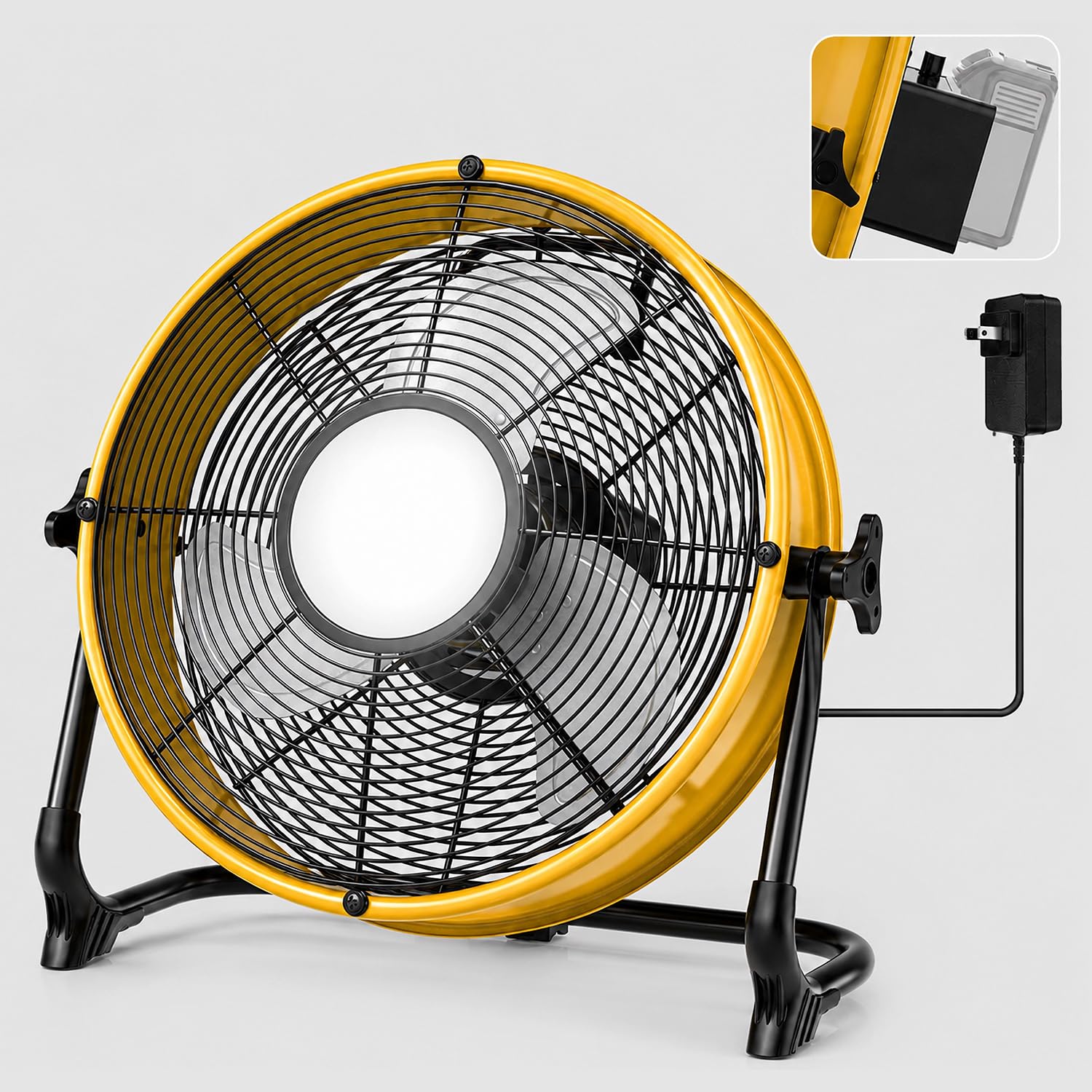 T-SUN Wiederaufladbarer Bodenventilator, 30,5 cm, kompatibel mit Dewalt 18 V/20 V Akku-Ventilator mit LED-Licht, USB-Typ-C-Anschluss, stufenlose Geschwindigkeiten, kabelloser Industrieventilator für