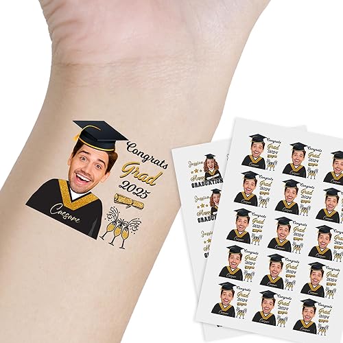 Miniatura 8 de 15 tatuajes de graduación personalizados temporales con nombre de foto, calcomanías corporales, suministros de fiesta de celebración precortados