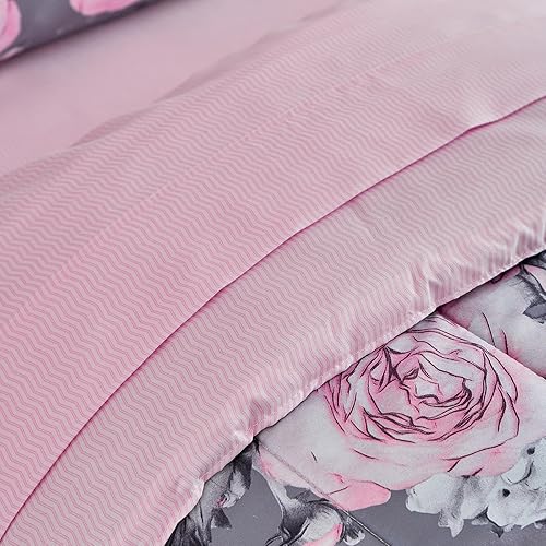 Miniatura 6 de Juego de ropa de cama gris de 4 piezas para niños y niñas, flores rosas ultra suaves con hojas blancas en una bolsa, juego de edredón, sábana