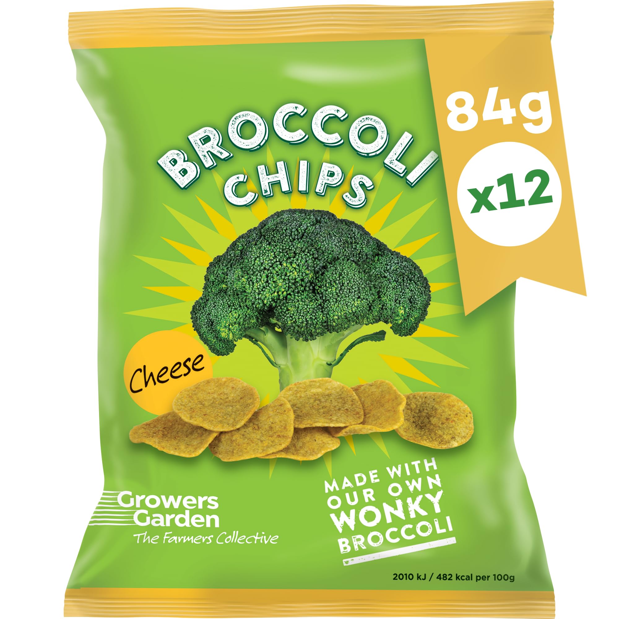 Vegetable Crisps Cheese Broccoli (12 x 84g Sharing Bags). Tasty Low Calorie Snacks, Crisps made with 28% Broccoli, Vegan Registered Healthy Crisps - Genuine Growers Garden Vegan Snacks