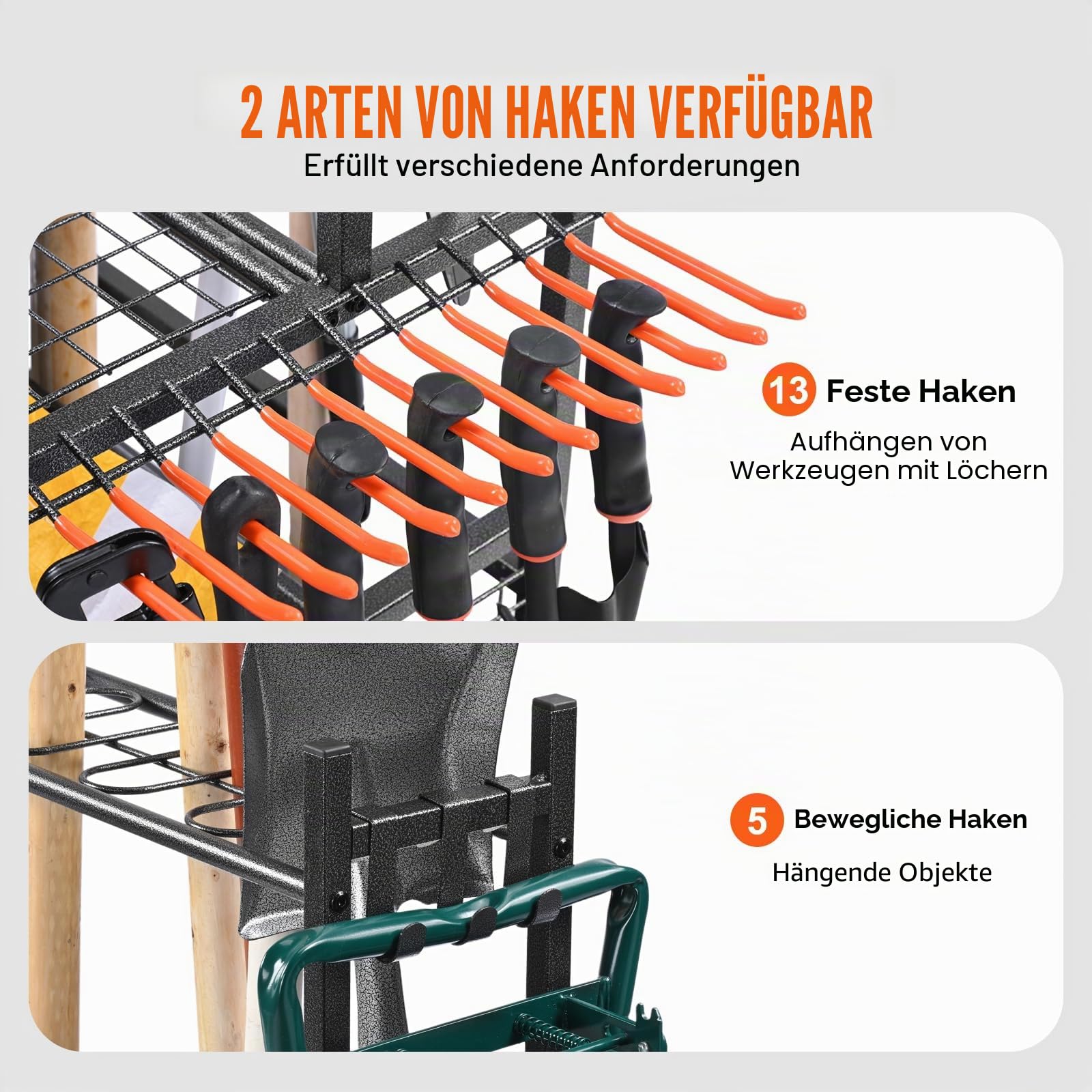 VEVOR Gartengeräte Ständer 652x403x990 mm Kohlenstoffstahl 16 Schlitzen 18 Haken Gartenwerkzeug Halter