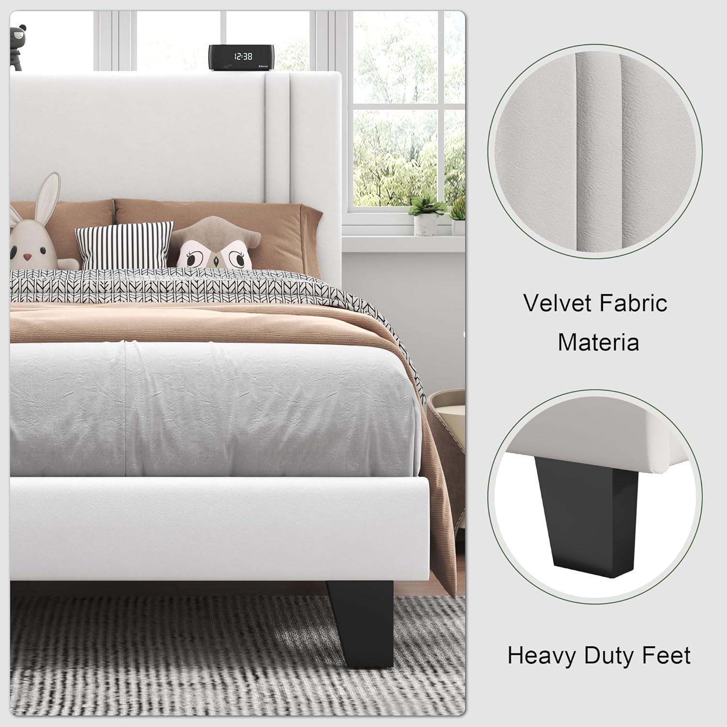 Feonase Twin Platform Bed Frame, Velvet Upholstered Wingback Bed Frame, Solid Wood Slats & Heavy Duty Feet Support, No Box Spring Needed, Noise-Free, Easy Assembly, White
