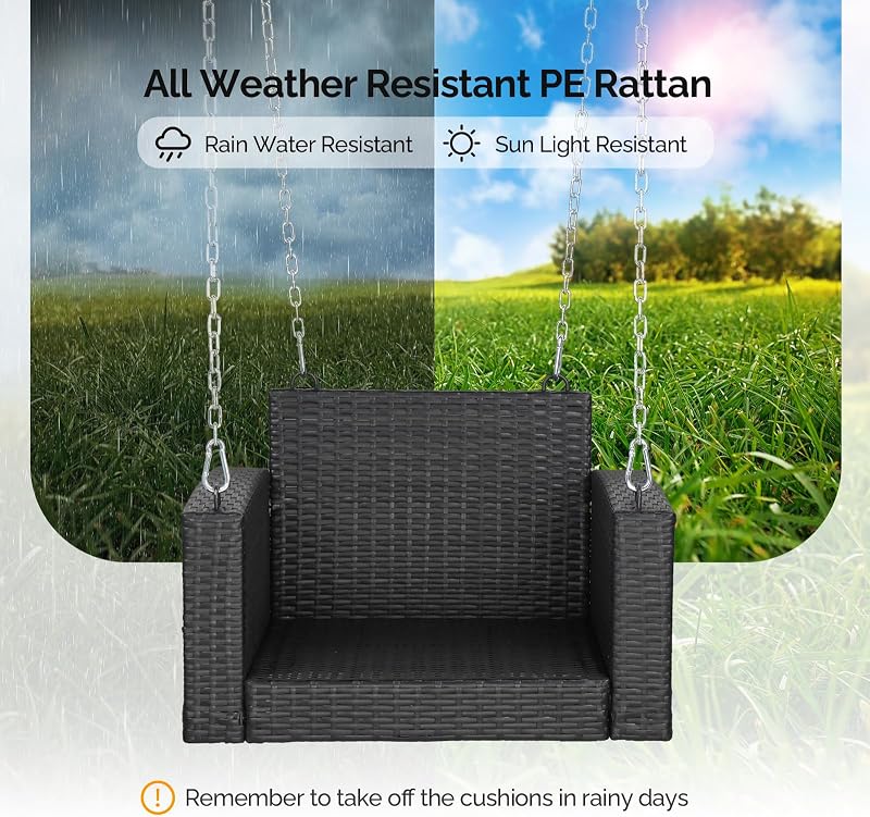 VINGLI 2FT Wicker Swing for Adults, 440LB Single Person Porch Swing, Black image 4