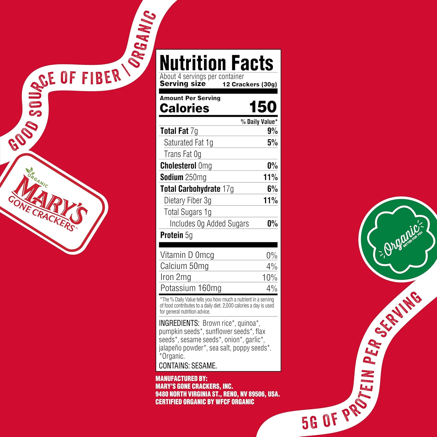 Mary's Gone Crackers Super Seed Jalapeño Crackers, Vegan Friendly, Kosher, USDA Certified Organic, Gluten Free & Non-GMO, 4 Ounce (Pack of 6)