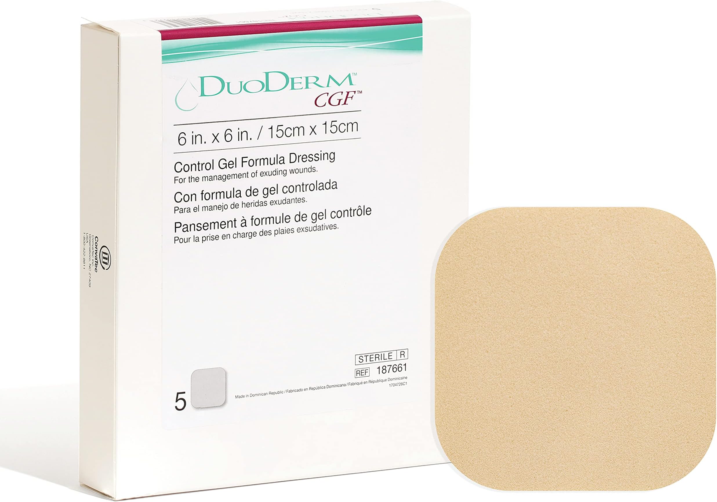 ConvaTec DuoDERM Control Gel Formula 6"x6" Hydrocolloid Sterile Adhesive Dressing for Partial and Full-Thickness Wounds, Medical Grade, Latex-Free, Waterproof, Square, Beige, 5ct Box