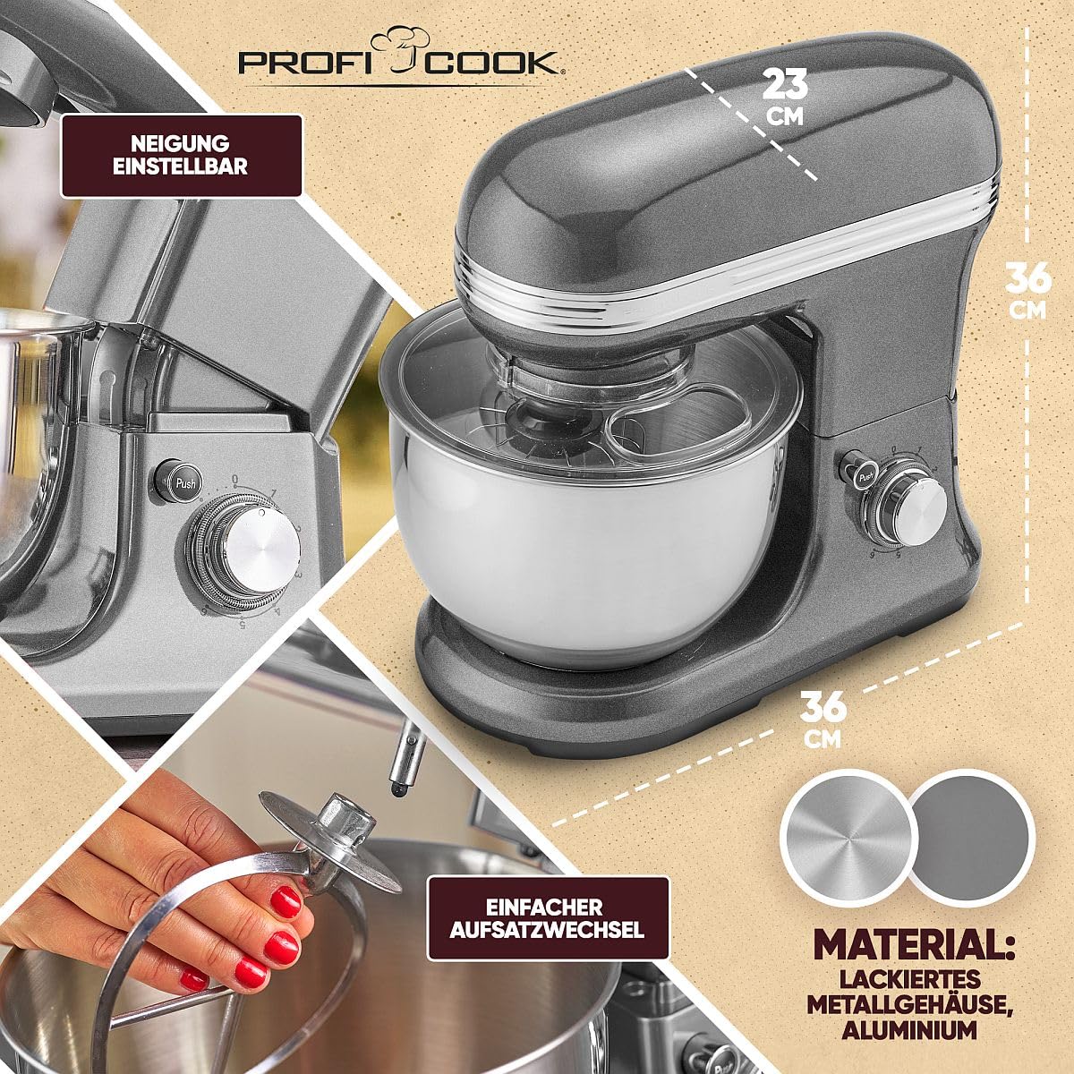 ProfiCook® Küchenmaschine zum backen | Knetmaschine 5L mit starkem 1200W Motor | Teigmaschine inkl. Haken & Schneebesen | Retro Teigknetmaschine Spritzschutz mit Nachfüllöffnung | PC KM 1197 anthrazit