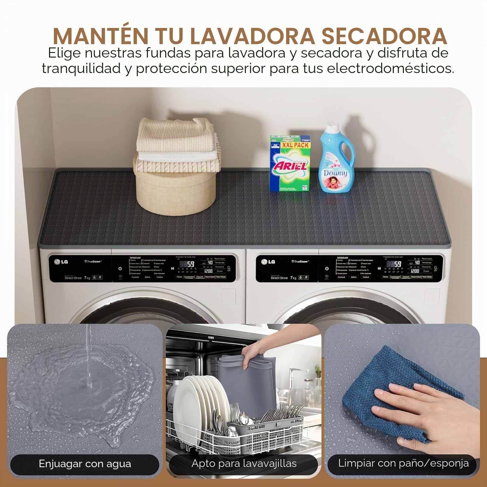 Encimera de secadora de ropa 130 x 65 cm, 1 pieza de silicona para lavadora y secadora fundas superiores, alfombrilla antideslizante impermeable para lavadora cocina