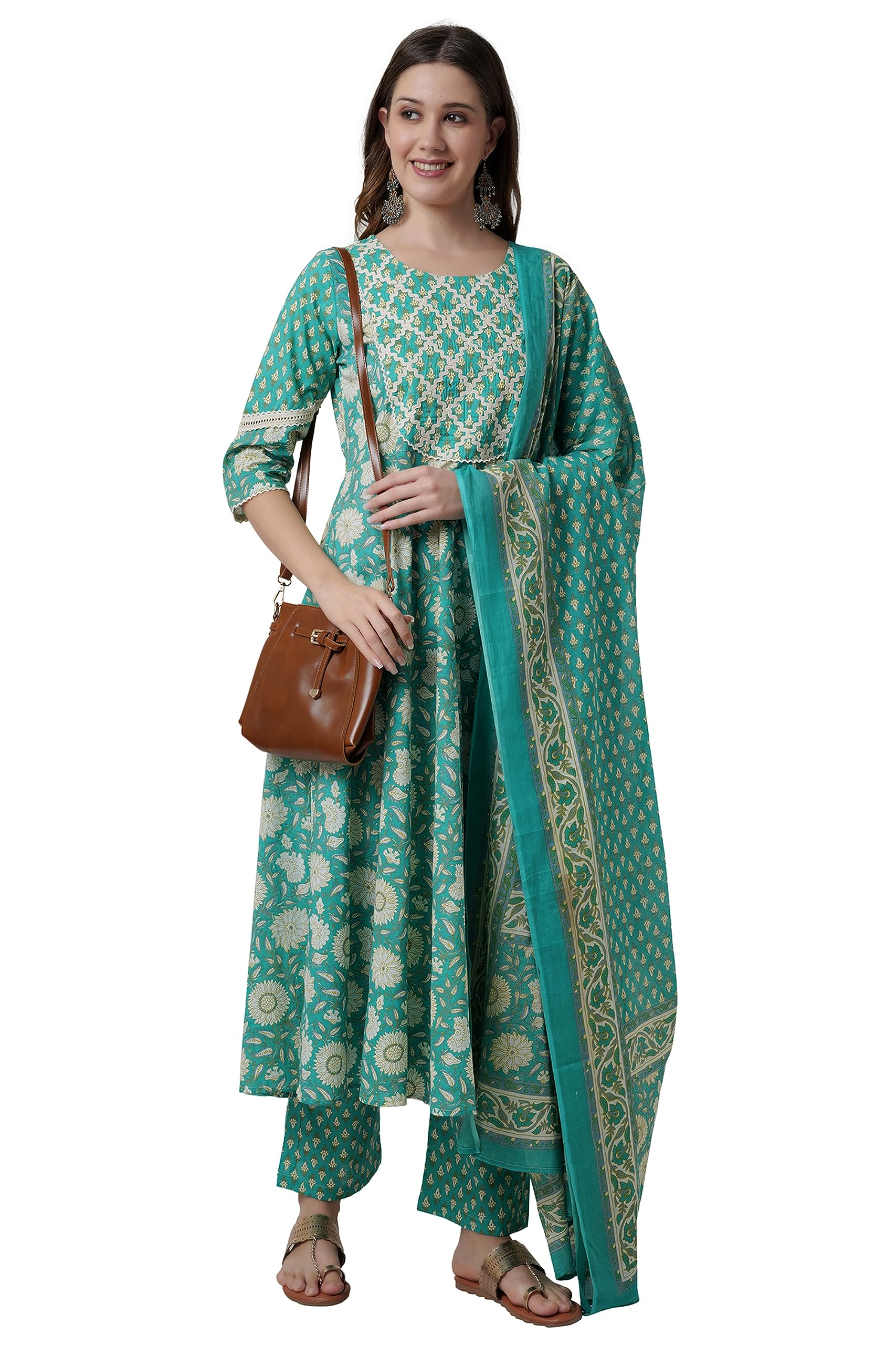 miss fameWomen's Cotton Printed Kurta with Pant and Mulmul Dupatta - (Green)