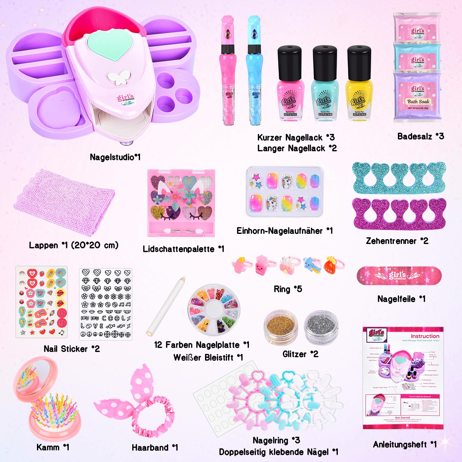 Herenear Set Manicura Niñas, Esmalte de Uñas Secador de Uñas, Juguetes Kit Uñas Niñas, Pegatinas de Uñas Juego Cumpleaños Regalo para Niños Niñas 5 6 7 8 9 10 11 12 Años