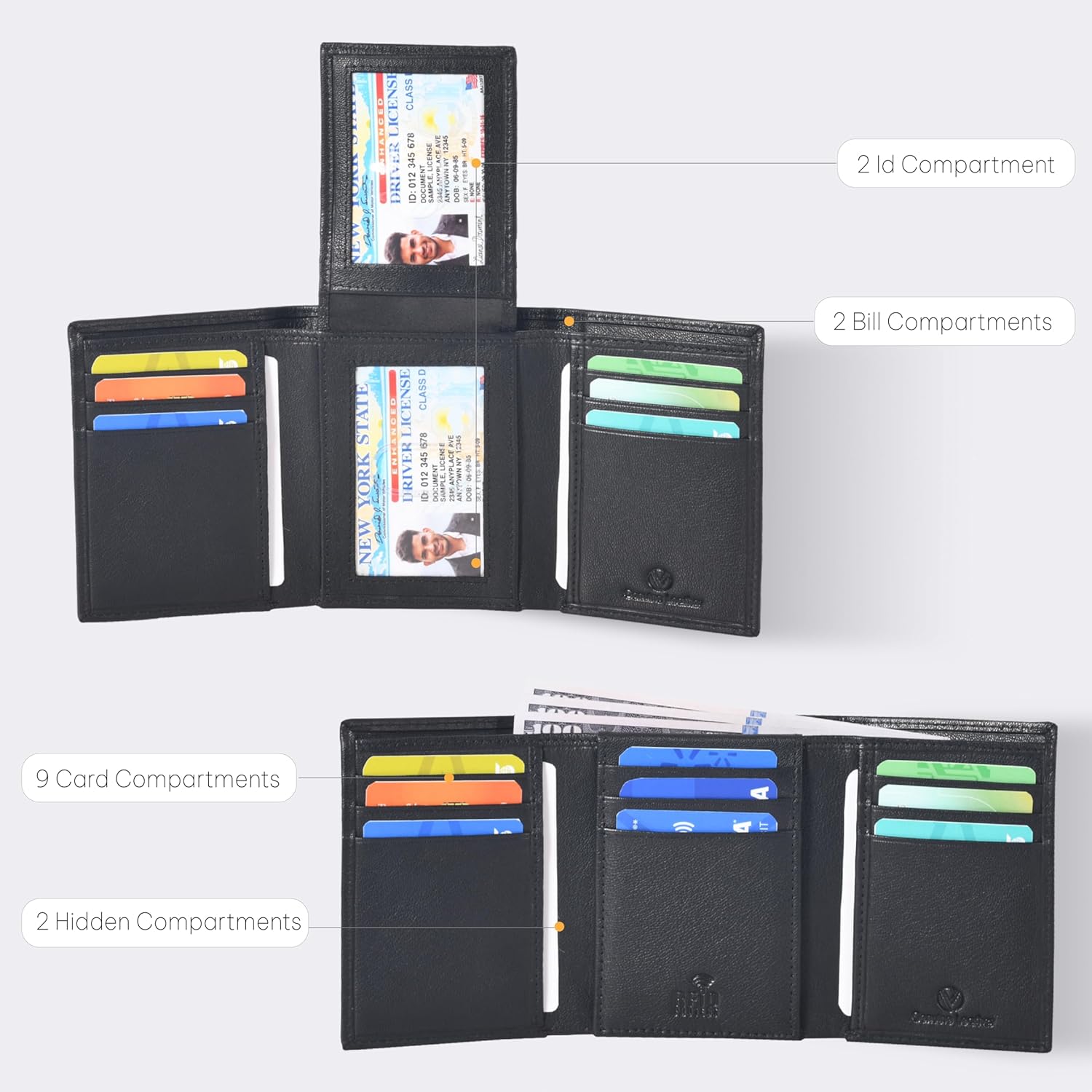 VALENCHI Genuine Real Leather Trifold Men's Wallet - With Card Holder Slots, ID Window and Currency Compartment - Christmas Gifts For Men (BLACK NAPPA TF04) - Image 2