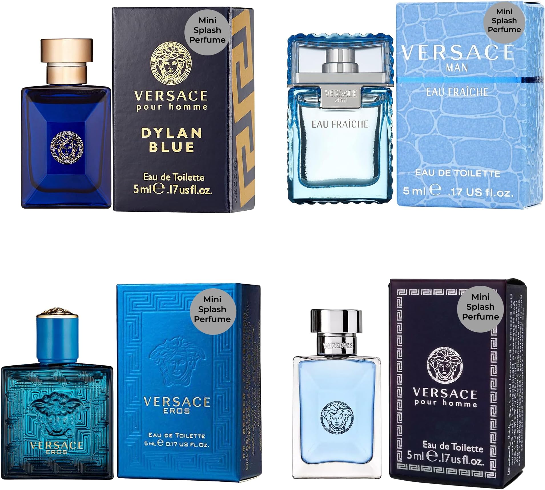 Cologne for Men Set of 4 Mini Eros, Pour Homme, Dylan Blue, Eau Fraiche Perfume for Men Fragrance Sampler Set - Designer Mens Cologne Samples (4 Count, 0.17 oz)