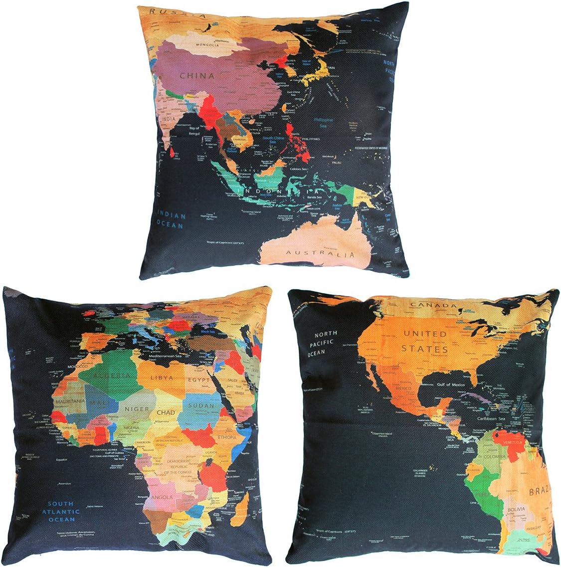 Decor MI [Just Pillowcase World Map Pattern Throw Pillow Case Square Linen Cushion Bed Pillow Covers with Zipper Durable Slipcover Home Decor for Sofa Slipcover Decorative 18x18 inches,Set of 3