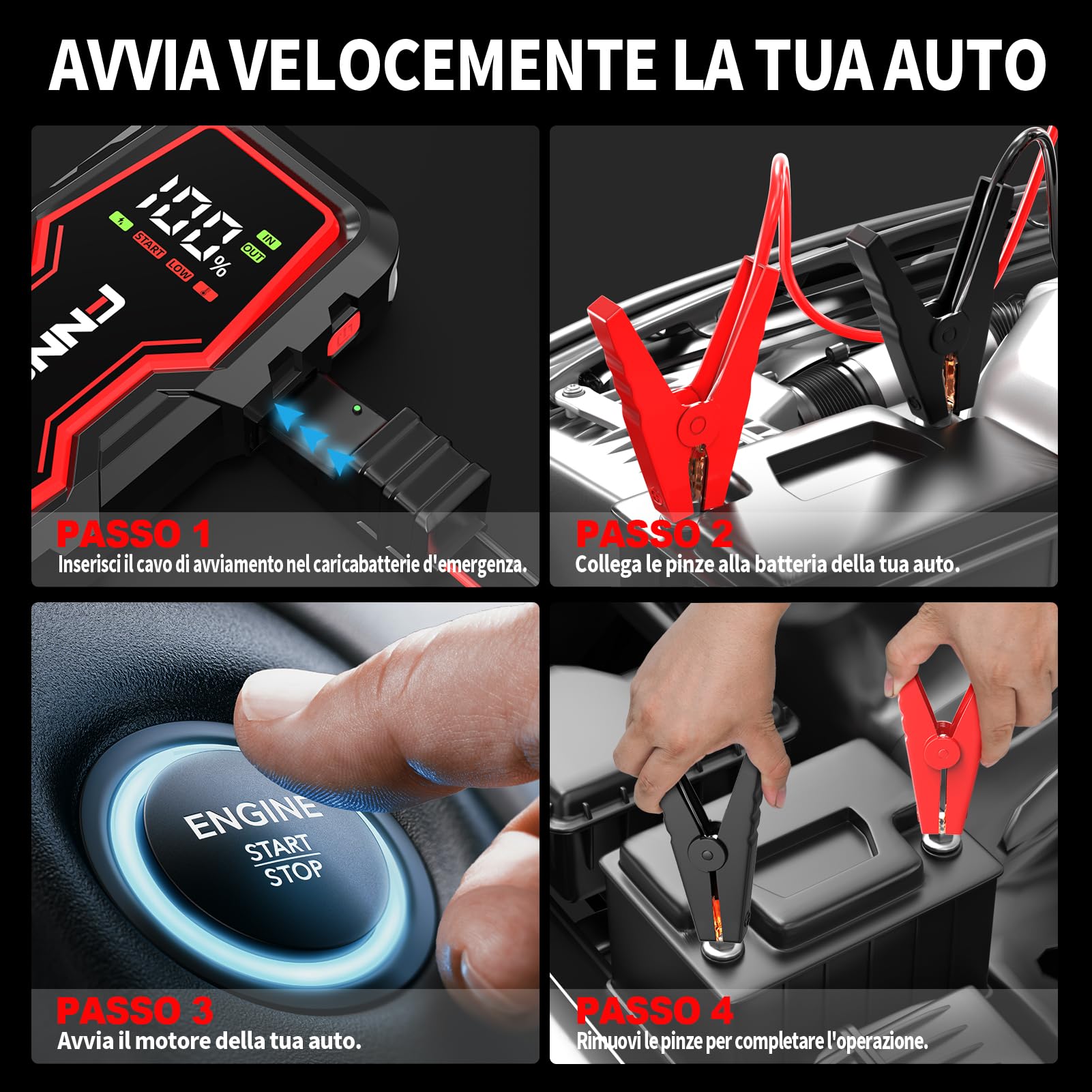 FNNEMGE Avviatore Batteria Auto, 9000A 26800mAh Avviatore Emergenza per Auto （Tutti i Veicoli a Benzina o 10,0L Diesel),Avviatore di emergenza, Jump Starter, con di Uscita USB, Luce LED.