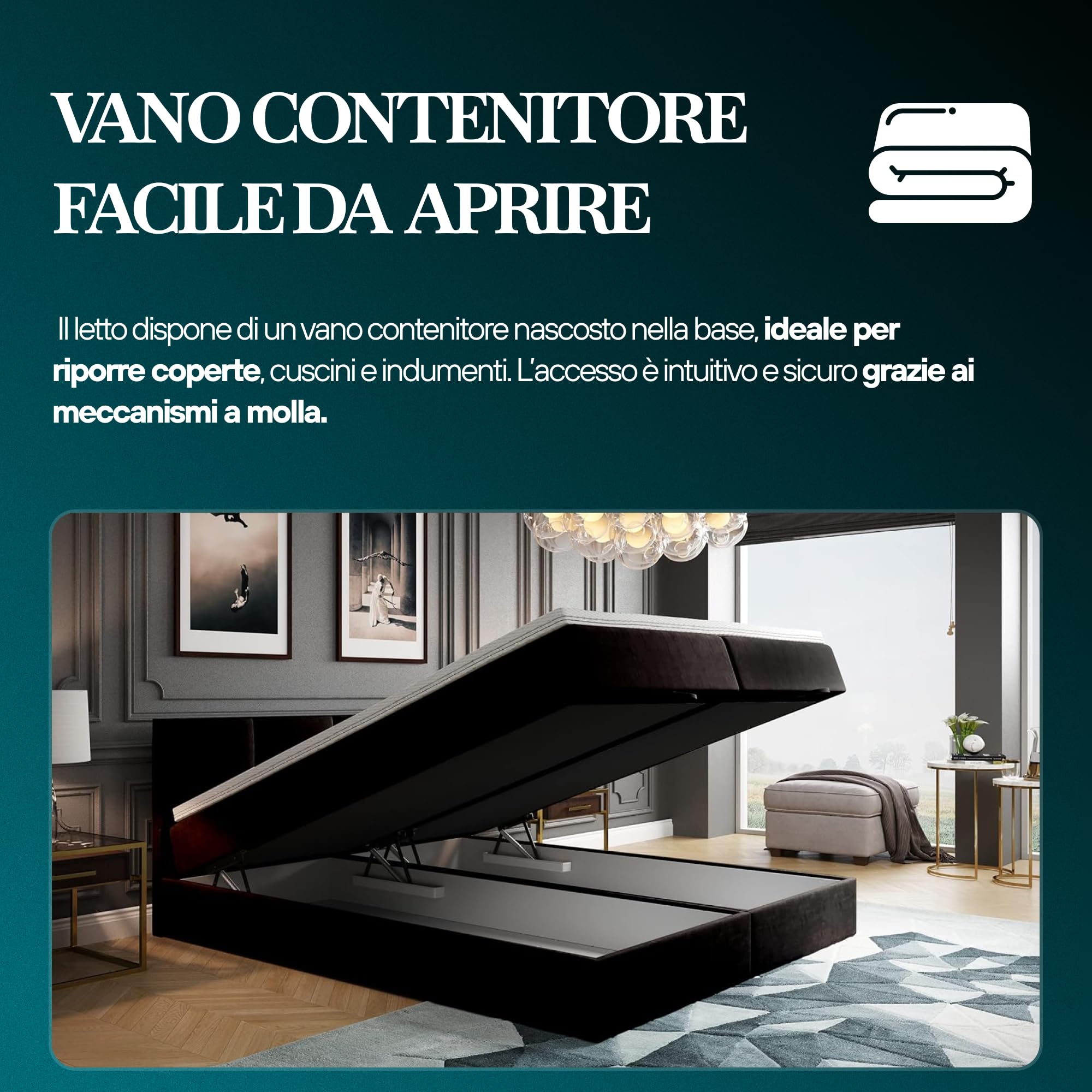 TRADA Matrimoniale con Contenitore 200x200 cm e Materasso Bonell - ROYAL - Letto Elegante con Topper 5 cm - Grigio