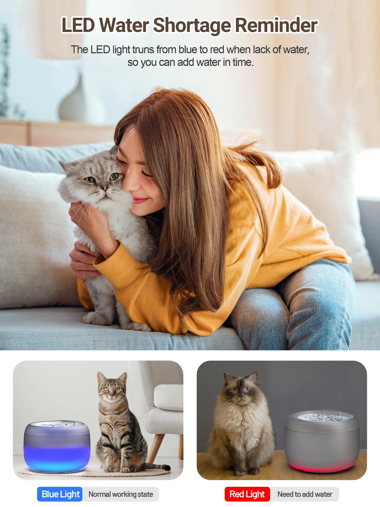 SIBAYS Fuente de agua para gatos, 3,5 L, gran capacidad, para beber con luz LED y recordatorio de escasez de agua, dispensador automático de plástico para perros, fácil de limpiar