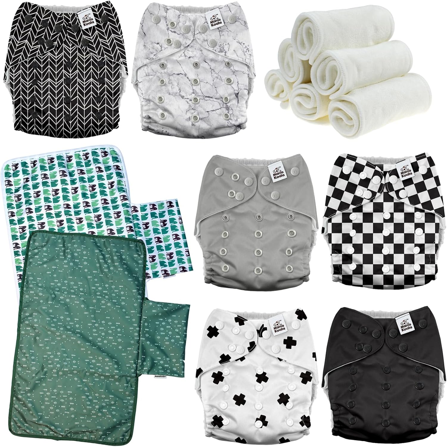 Mama Koala 3.0 Baby Cloth Diapers with 6 Inserts Bundle(Black and White), with 2 Pack Waterproof Changing Pad Liners