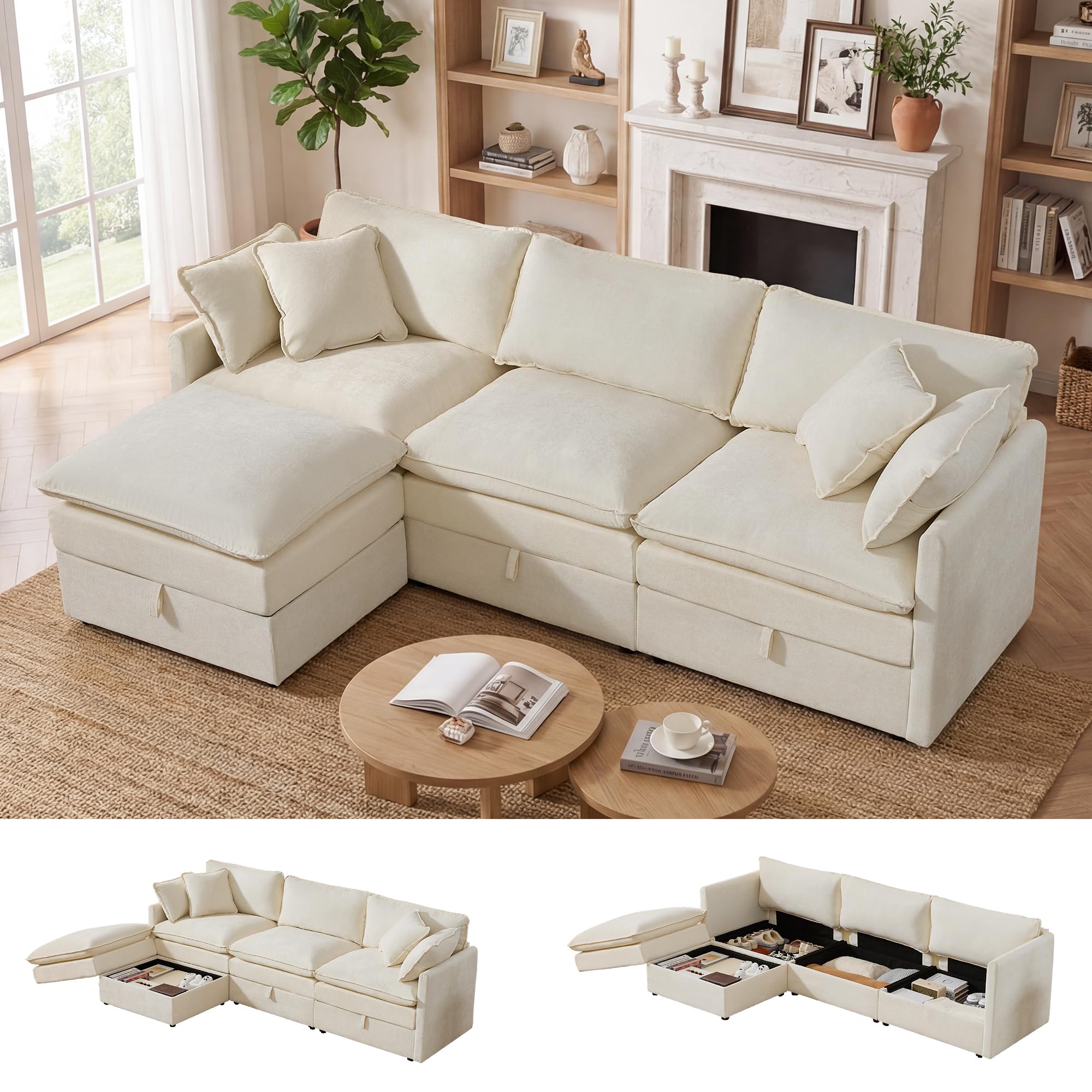 WorthFurni 103 inch L-Shaped Modular Sectional Sofa with Storage Ottomans in beige