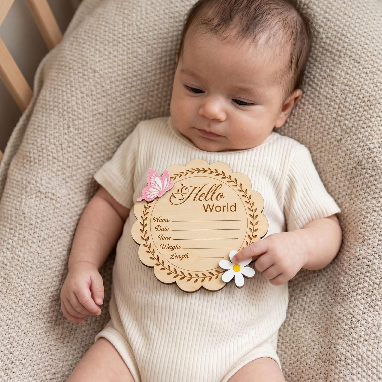 Baby Announcement Sign, Hello World Newborn Sign, 3D Personalized Wooden Announcement Sign for New Baby, Custom Name Photo Prop for Hospital, Nursery Decor for Boy or Girl (Floral)
