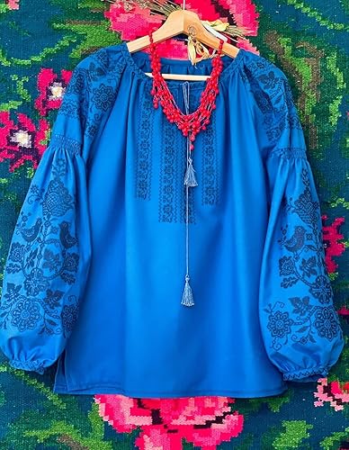 Miniatura 3 de Blusa bordada ucraniana - Camisa casera de algodón azul con bordado floral Vyshyvanka Top para mujer Tamaño y color personalizados XS a 4XL