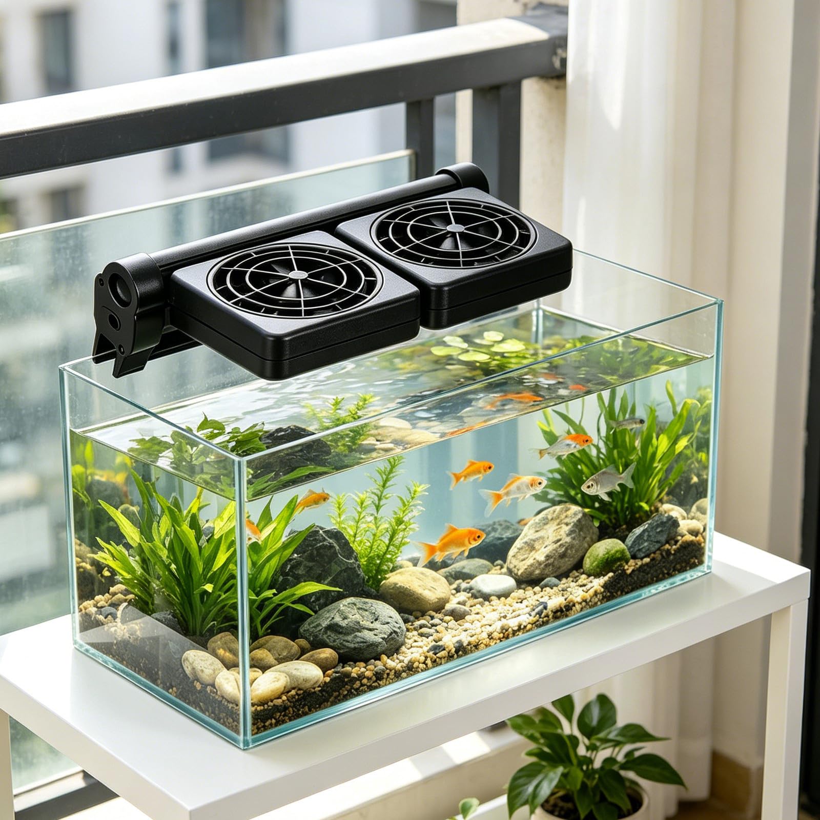 jojofuny Leiser Aquarium Kühlventilator mit Manueller Wärmeableitung Abs Material 2x1,9w Leistung für Betta Fisch und Garnelen im Sommerfest und Tropischen Aquarien