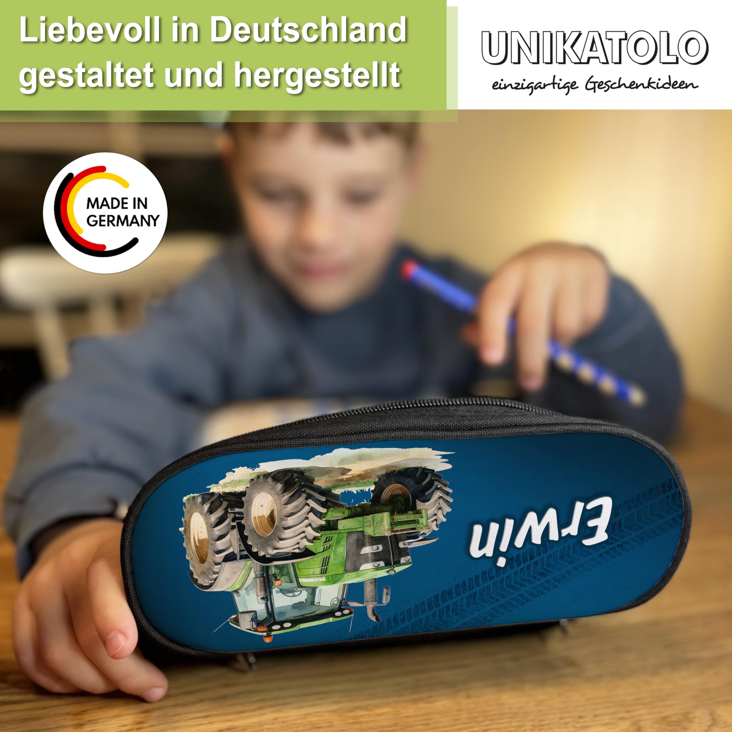 Federmäppchen Traktor mit Name personalisiert, Federtasche in dunkelblau für Jungs und Mädchen, Stiftebox Geschenkidee Schulanfang, Schule, Kinder, Schlamppermappe Schlamppermäppchen