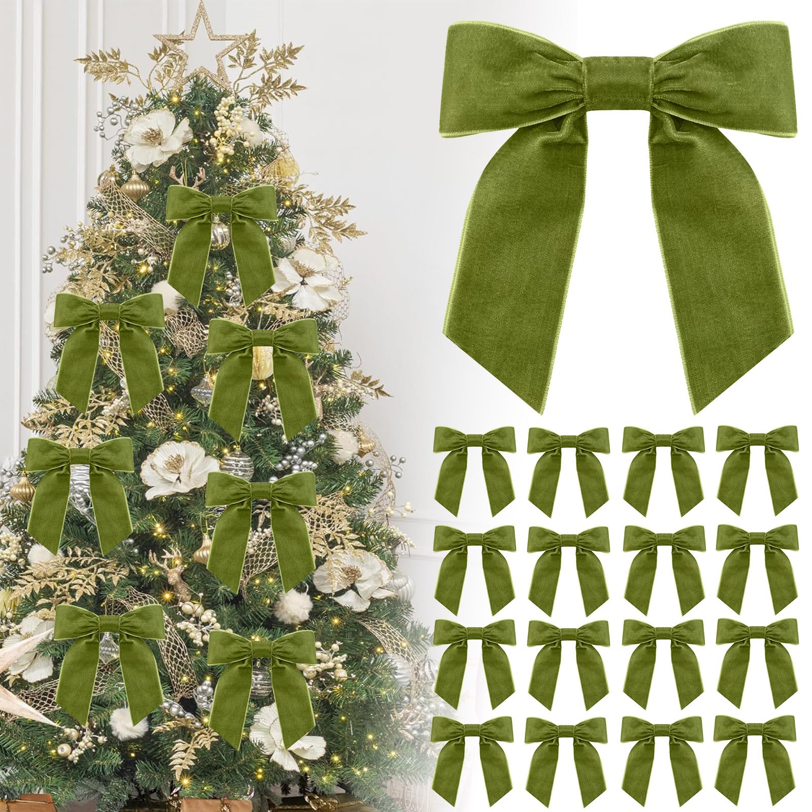 16P Christmas Olive Green Velvet Ribbon Gift Bows,4.3" Green Velvet Bows with Twist Ties,Christmas Tree Bow,Vintage Wedding Velvets BowXmas Wreaths Garland Velvets Ribbon for Pretied Gift Wrapping Bow