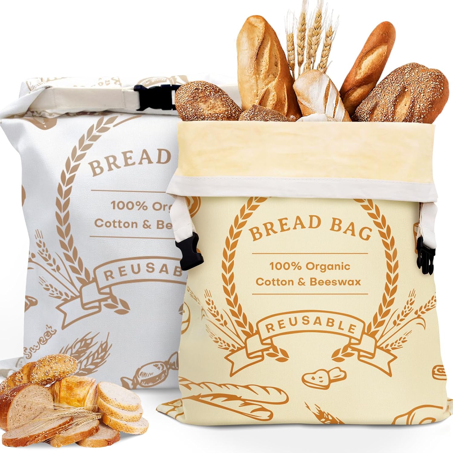 2 Pack Beeswax Bread Bags for Sourdough & Homemade Bread – Natural Cotton Sourdough Reusable Beeswax Food Storage Bag, Freezer-Safe, Keep Bread Fresh