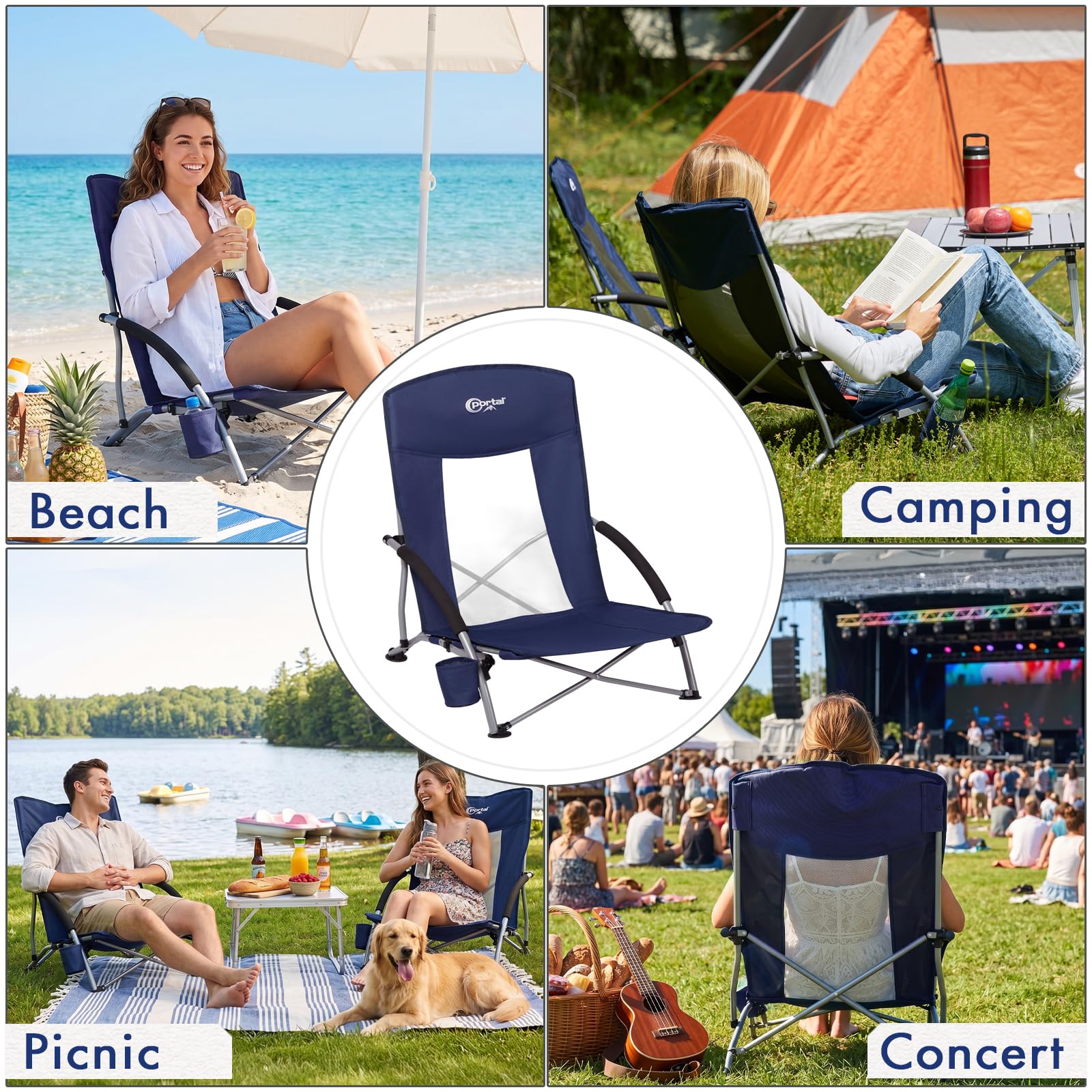 PORTAL Lot de 2 chaises de plage pour adultes - Dossier haut - Pliantes - Légères - Avec porte-gobelet - Pour voyage, concert, pelouse, festival, supporte 136 kg