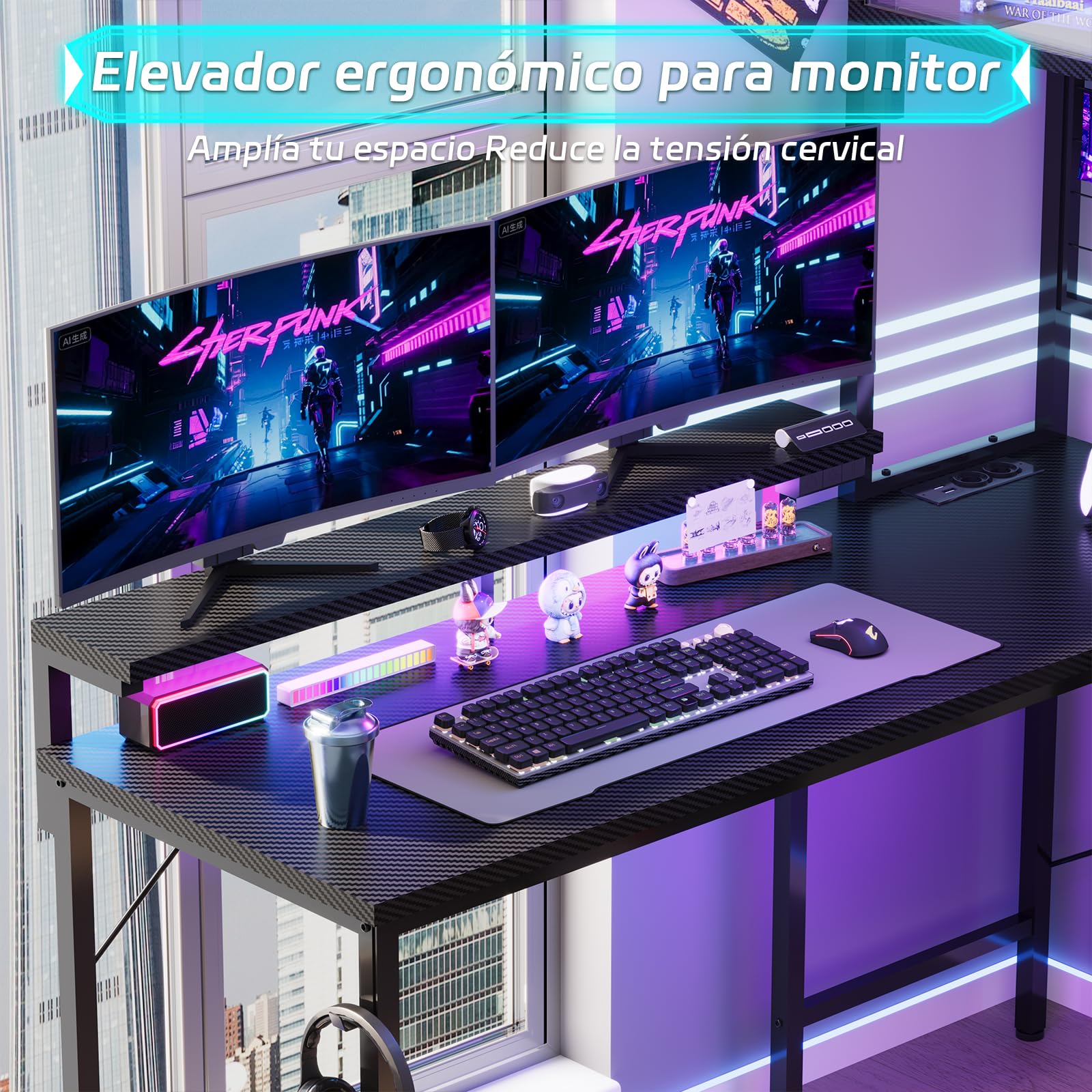 Devoko Escritorio gaming en forma de L con luces LED, 115 x 90 cm, escritorio para PC con enchufe de alimentación, 3 cajones, panel de rejilla, escritorio de E-Sports gaming, oficina, dormitorio