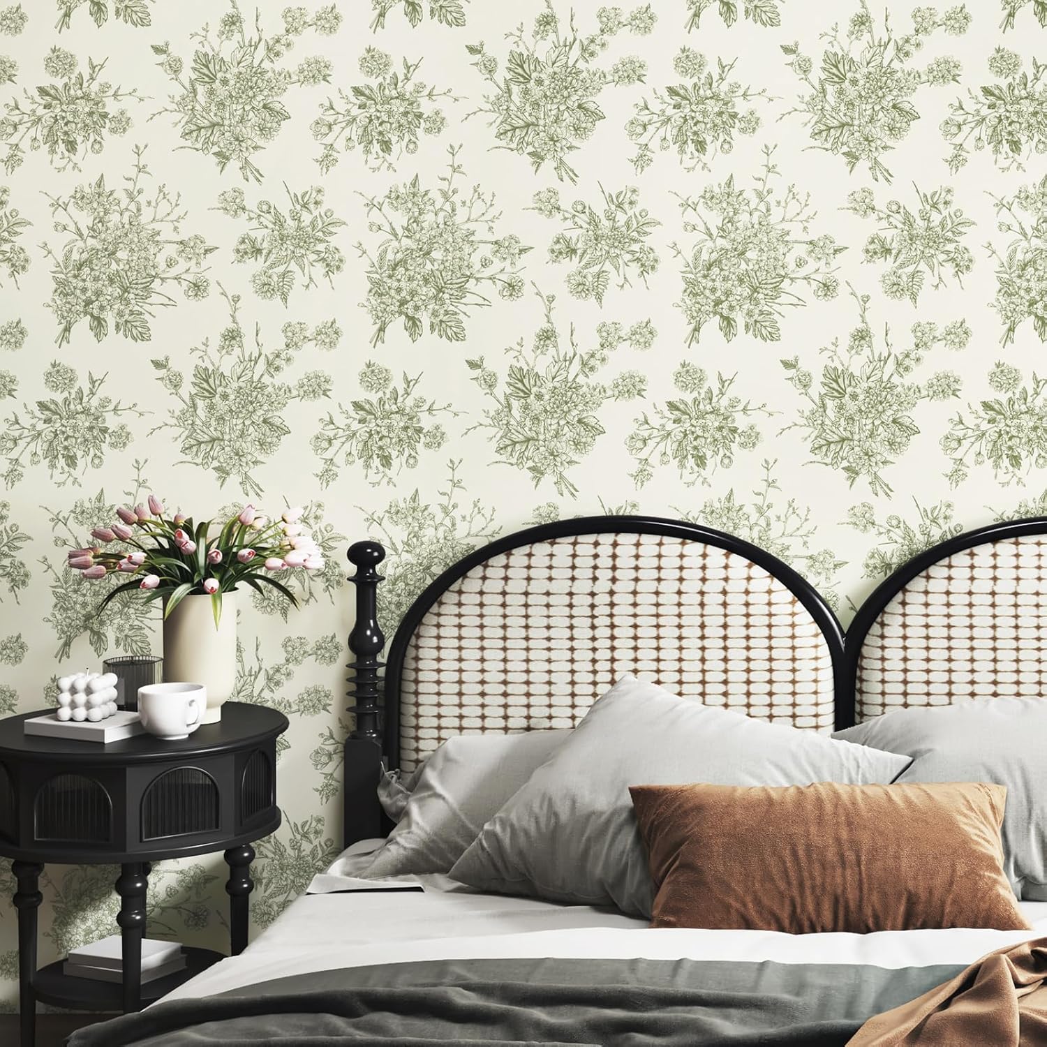 Vintage Peel and Stick Wallpaper Boho Green Floral Wallpaper Removable Self Adhesive Peony Wall Paper 17.5"x118" Beige/Green Floral Contact Paper for Cabinets Bathroom Bedroom Temporary
