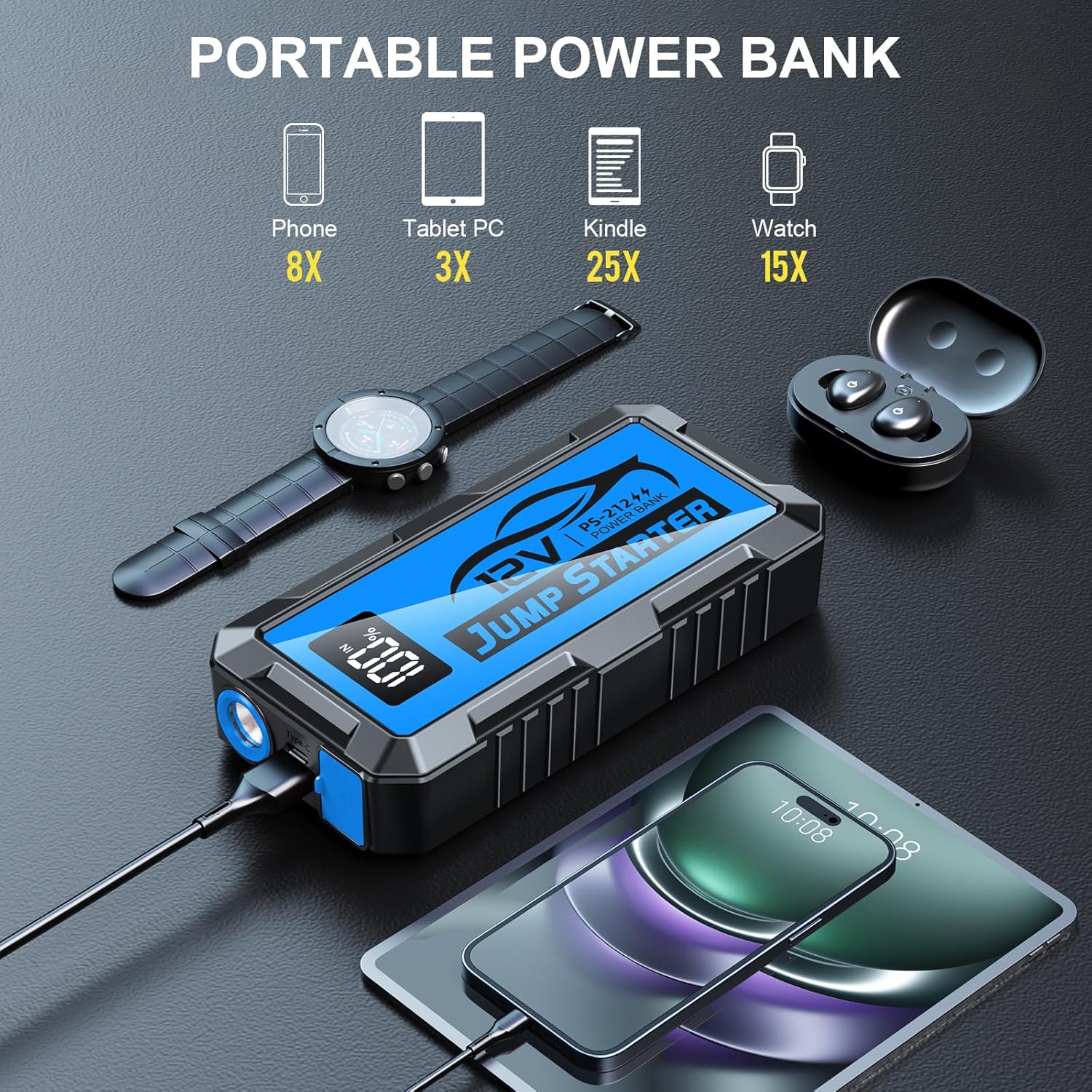 8000A Car Jump Starter, 12V Jump Starter Battery Pack (All Gas,up to 10.0L Diesel Engine) Jumper Cables Portable Lithium Jump Box, USB Output and LED Light - Image 3