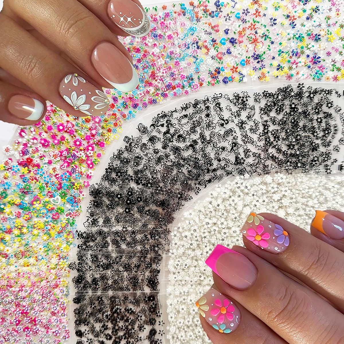 90 Sheets Flower Nail Art Stickers Decals 3D Self-Adhesive Daisy Cherry Blossoms Flower Nail Sticker Black White Colorful Floral Nails Supplies for Women Girls Manicure Decoration with Nail Tweezer