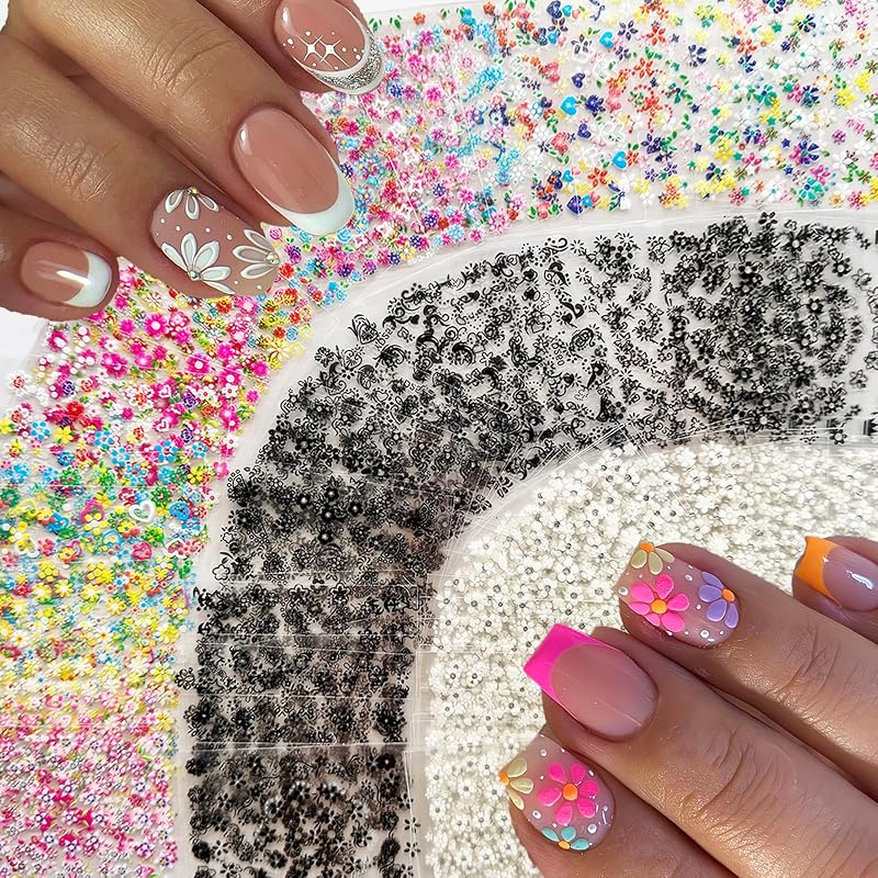 90 Sheets Flower Nail Art Stickers Decals 3D Self-Adhesive Daisy Cherry Blossoms Flower Nail Sticker Black White Colorful Floral Nails Supplies for Women Girls Manicure Decoration with Nail Tweezer