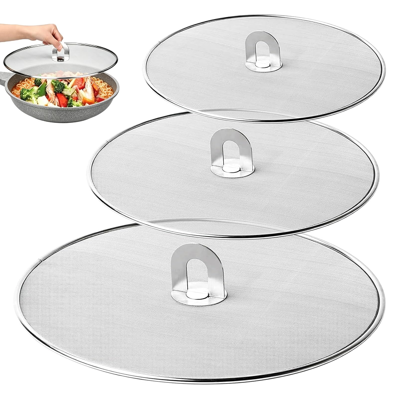 Set of 3 Splash Guards Pans for Cooking Pot, Stainless Steel, Breathable Pans Splash Guard, Universal Splatter Guard 25 cm, 29 cm, 33 cm