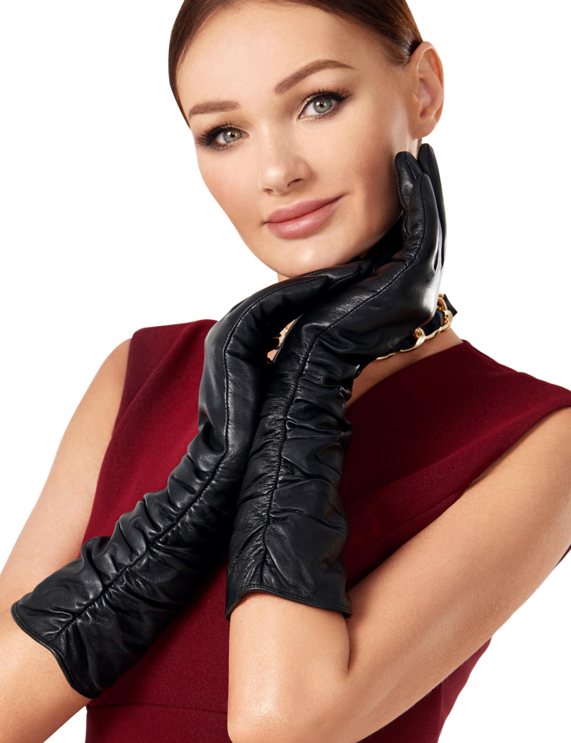 VIKIDEER Luxuriöse lange Lederhandschuhe für Damen, Plüschfutter, Touchscreen, warm, weich, für Abendoper oder den Alltag