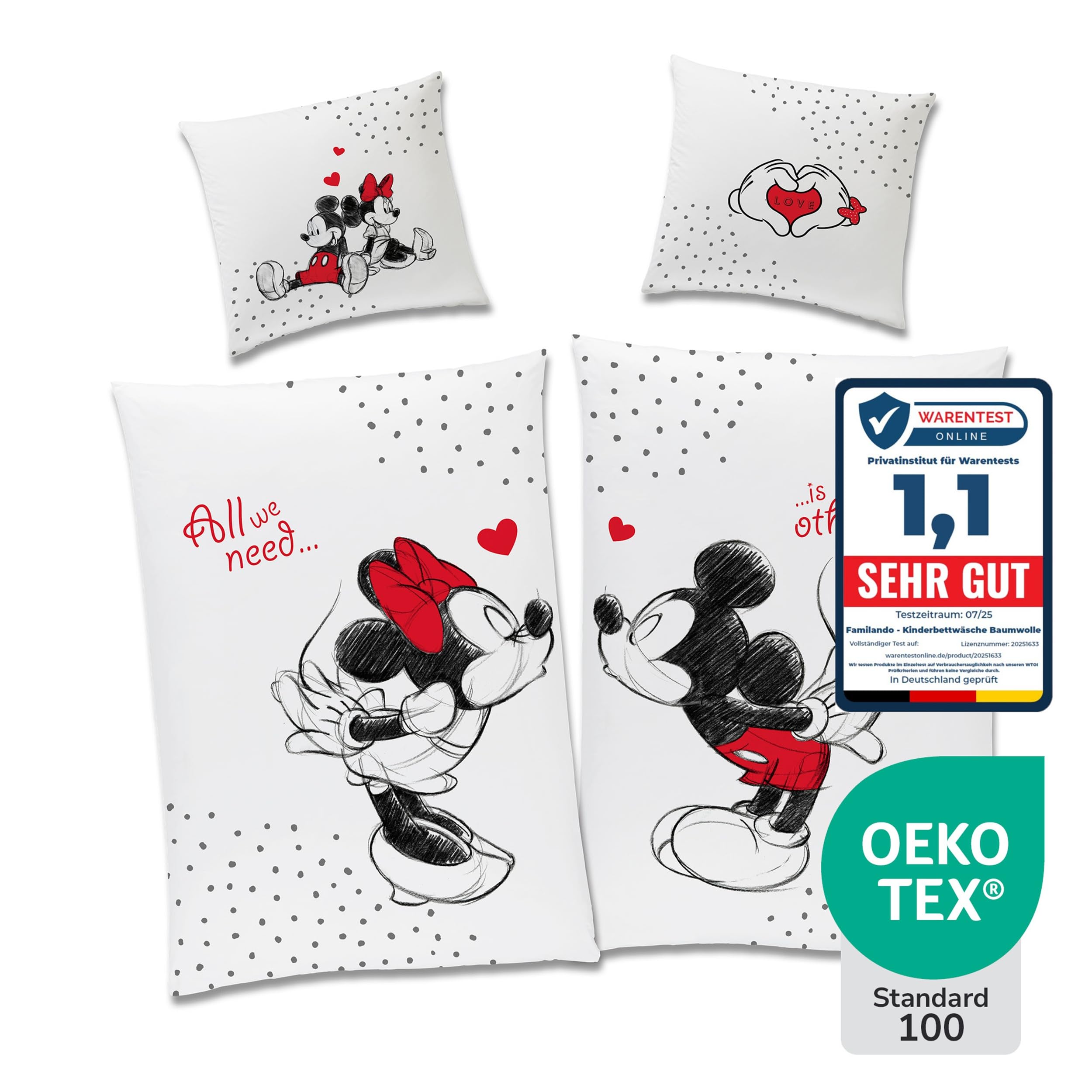 Familando – Mickey & Minnie Partner Bettwäsche-Set (4-teilig) – 2X Decken- & 2X Kissenbezug 135x200 cm & 80x80 cm mit Reißverschluss – 100% Baumwolle Renforcé – Wendemotiv – Öko-TEX Zertifiziert