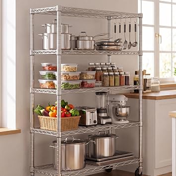 PrimeZone Wire Shelving 5 Tier Slim Steel Storage Metal Shelves with Wheels