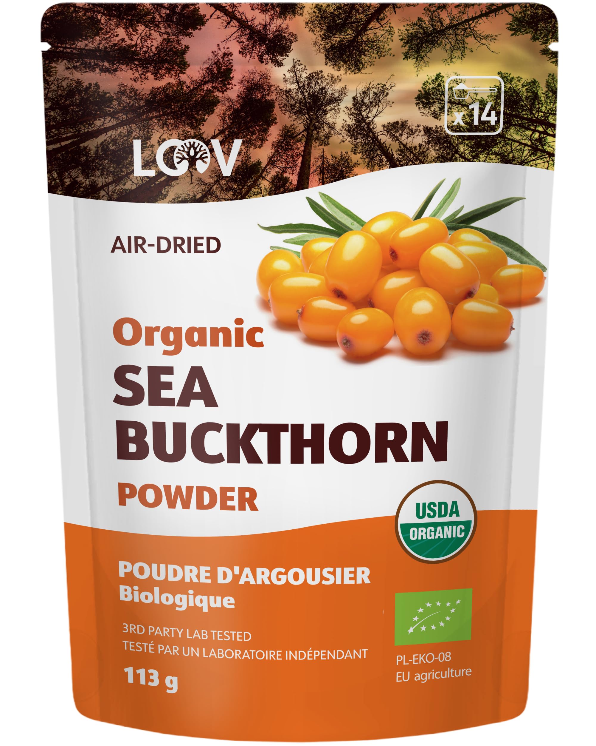 Organic Sea Buckthorn Berry Powder, High in Fiber, Omegas, Vitamin C, Vitamin E, Made from Whole Berries, 4 Oz, Grown in Nordic Climate, 23-Day Supply, No Added Sugar, Non-GMO