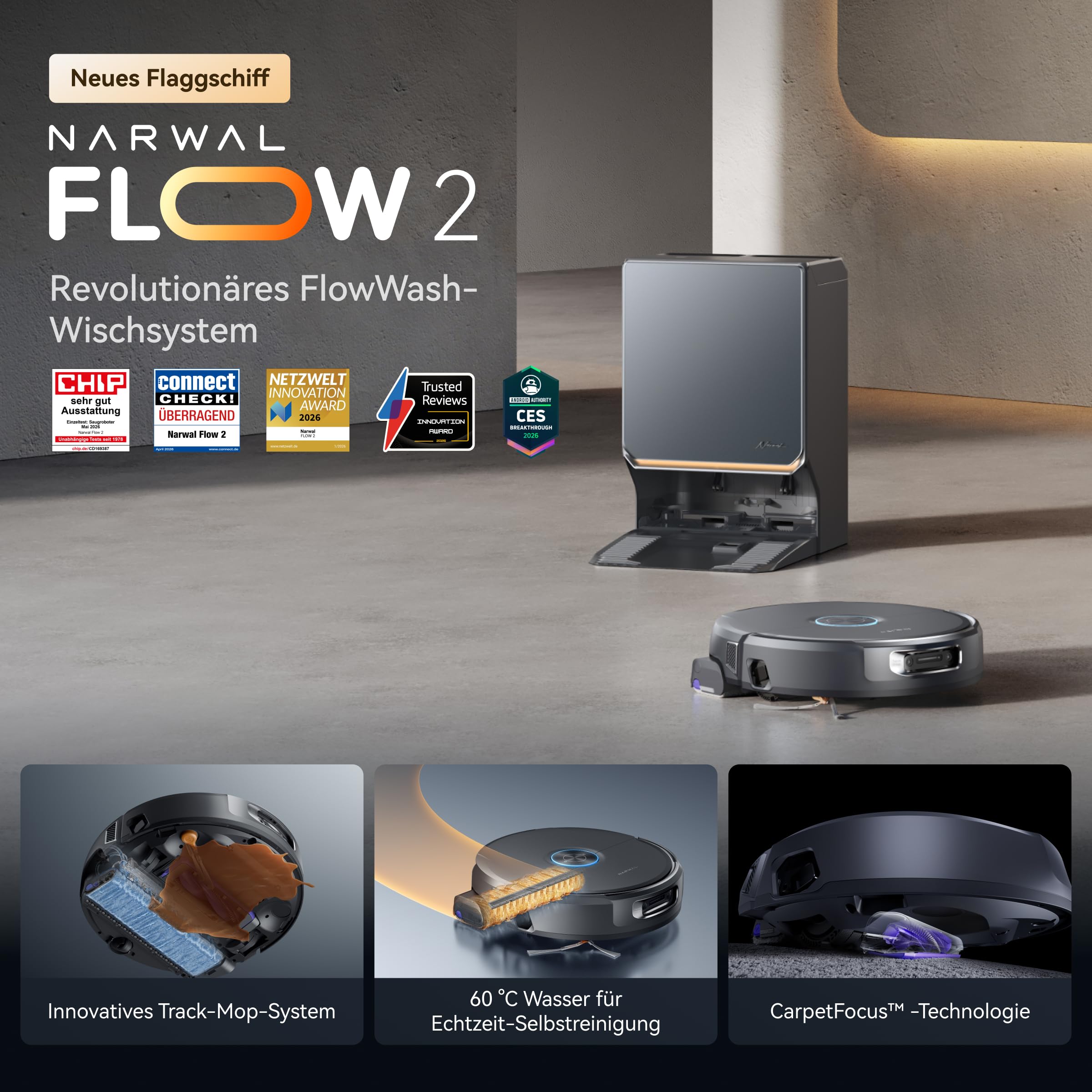 NARWAL Flow 2 Saug- und Wischroboter mit All-in-One-Station, FlowWash-Wischsystem mit 60 °C Heißwasser, 31.000 Pa Saugkraft, CarpetFocus™-Technologie, 100 °C Moppwäsche und 60 °C Heißlufttrocknung