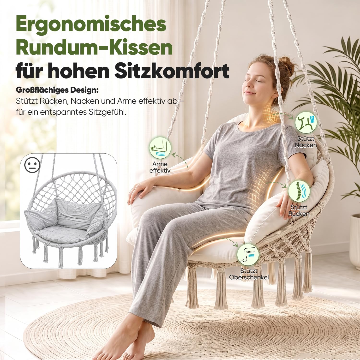 Sekey Hängesessel mit großem Kissen, Indoor & Outdoor, bis 150kg