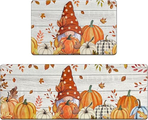 Bsmathom Juego de 2 alfombras de cocina antifatiga, acolchadas y antideslizantes, juego de tapetes de cocina de calabaza para piso, alfombras de