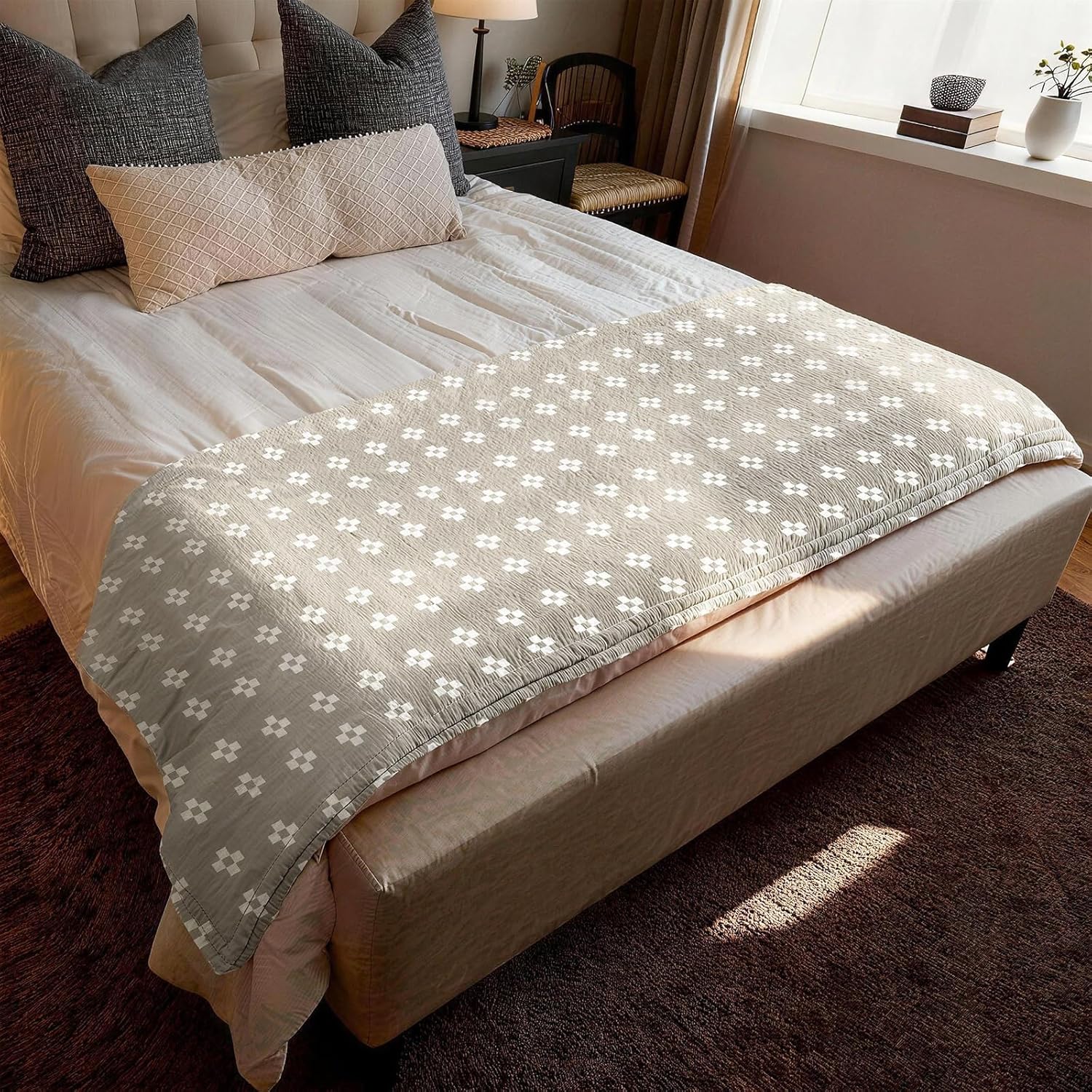 Cozy Lightweight Muslin 100% Cotton Blanket for Bed, Couch & Sofa, Summer Bedding Coverlet with Pattern,Camel, Queen 78''x90''