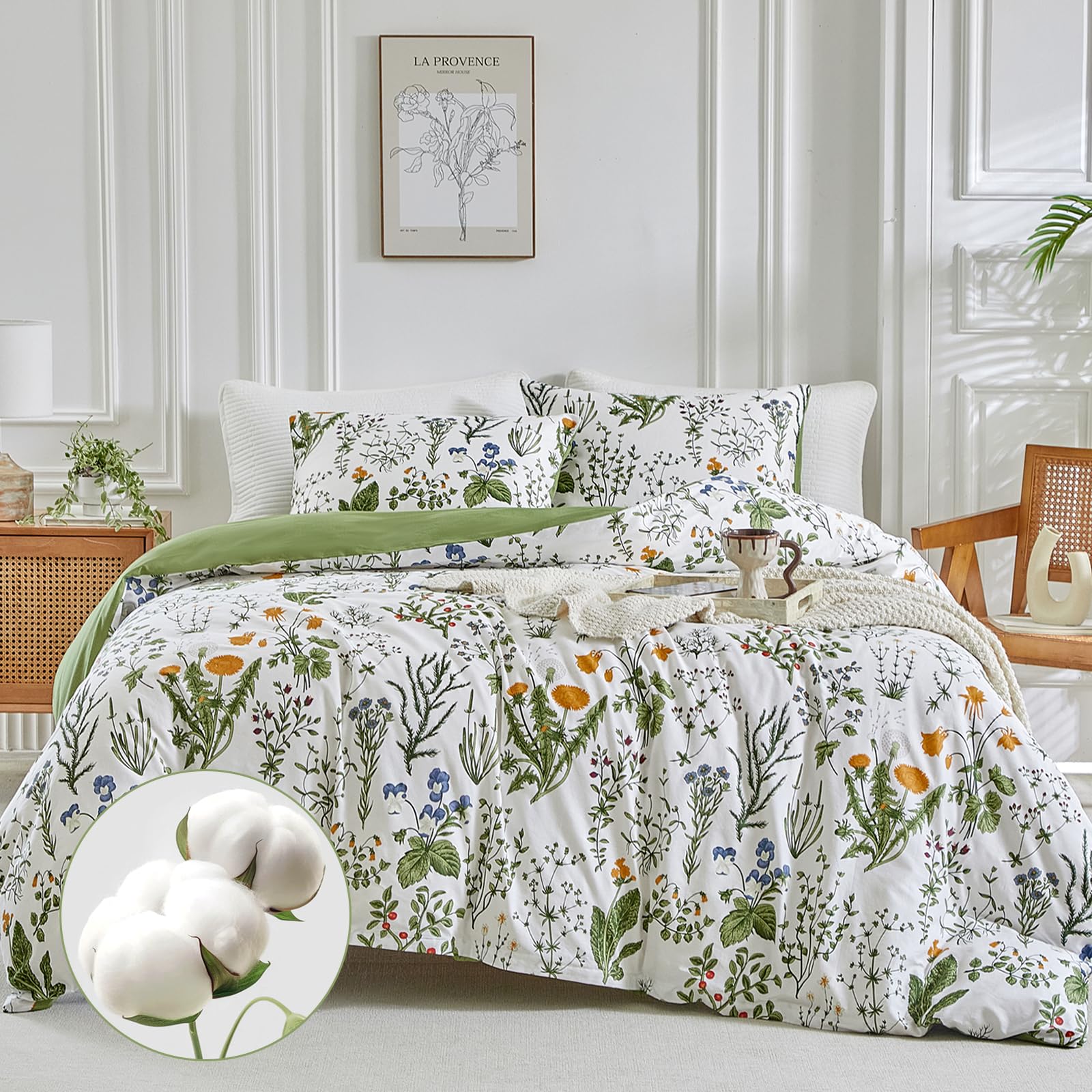 Lekesky Cotton Duvet Cover King Size, 100% Cotton Reversible Green Floral Duvet Cover Set with Zipper, Soft and Breathable 3 Pieces White Bedding Set