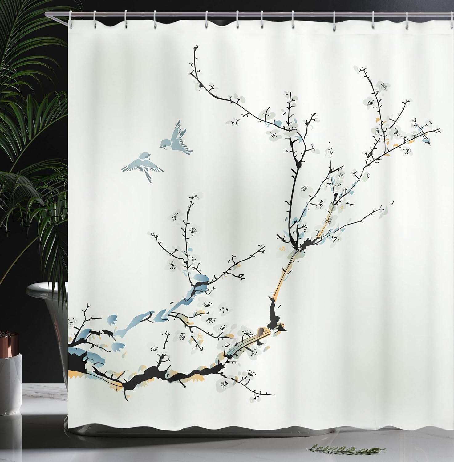 Ambesonne Nature Shower Curtain, Flowers Buds and Birds with Cherry Branches Style Artwork Painting Effect, Cloth Fabric Bathroom Decor Set with Hooks, 69" W x 75" L, Ivory Black