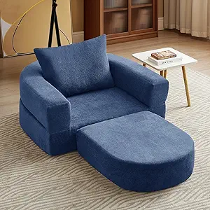 Folding Sofa Bed Chair, 2 in 1 Convertible Sofa to Lounger, High Density Foam Single Floor Sleeper Chair for Living Room, Apartment, Dorm, Small Spaces, Chenille Fabric and Wide Armrest, Blue