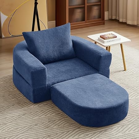 Folding Sofa Bed Chair, 2 in 1 Convertible Sofa to Lounger, High Density Foam Single Floor Sleeper Chair for Living Room, Apartment, Dorm, Small Spaces, Chenille Fabric and Wide Armrest, Blue